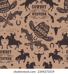 Western cowboy pattern seamless monochrome hats and revolvers near riders sitting in saddle on horse go wild bull vector illustration