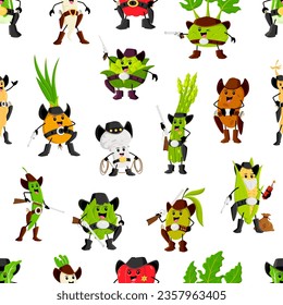 Western cowboy, ranger, sheriff and robbers vegetable characters pattern. Wrapping paper, textile vector backdrop with romanesco, onion, mushroom and asparagus, potato, corn Wild West funny personages