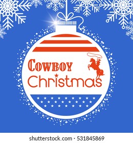 Western Cowboy red christmas card background with American flag decoration and text on ball.