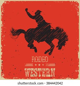 Western Cowboy riding wild horse.Vector poster on red background for design