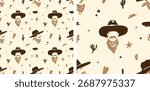 Western Cowboy Seamless Pattern - Cowboy Hat and Bandana Faces with Cactus, Stars