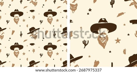 Western Cowboy Seamless Pattern - Cowboy Hat and Bandana Faces with Cactus, Stars