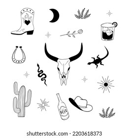 Western cowboy set - boots, hat, horseshoe, snake, buffalo skull, beer, cactus and other. Stickers pack wild west. Western vintage graphic. Hand drawn isolated vector illustration