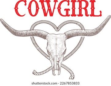 Western Cowboy Southern USA ranch wear Bull Cowboy Cowgirl Vintage Retro trend  t-shirt design Slogan Logo Graphic Vector. Tee shirt and apparel print in Rodeo style. T-shirt Vector illustration.