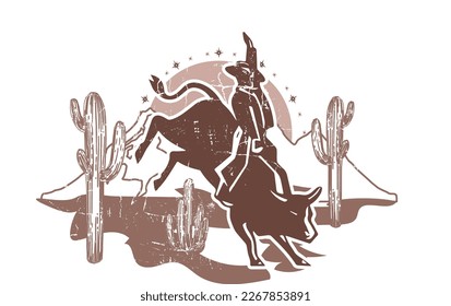 El rancho Western Cowboy Southern USA usa vectores de vestuario Bull Cowboy Vintage Retro diseño de camisetas Slogan Logo Vector Gráfico. Camisa de té y ropa impresa al estilo Rodeo. Ilustración del vector de camisetas.