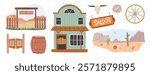 Western cowboy tavern, saloon sign board and vintage rustic wild west entrance. Vector desert with cactus and rocks, old wooden barrel and wheelstone, bull skull and tumbleweed. Arizona timber arch