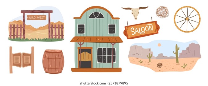 Western cowboy tavern, saloon sign board and vintage rustic wild west entrance. Vector desert with cactus and rocks, old wooden barrel and wheelstone, bull skull and tumbleweed. Arizona timber arch