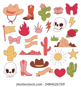 Western Cowboy Theme Collection Retro Groovy Style Editable Stroke Vector Illustration