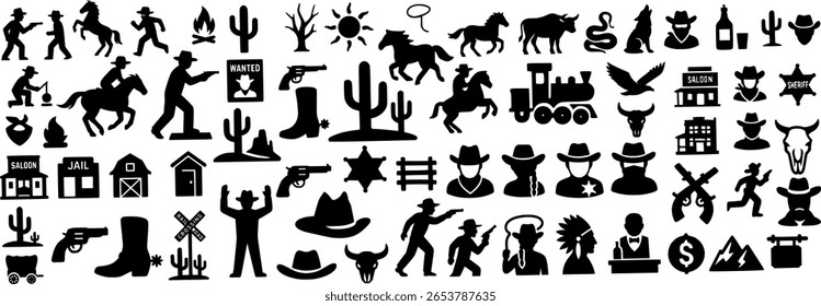 Conjunto de iconos de Vector de vaquero occidental. Incluye Cactus, Gunfight, Saloon, Sheriff Badge y más.