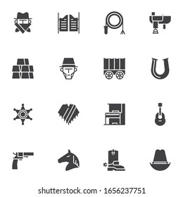 Western cowboy vector icons set, modern solid symbol collection, filled style pictogram pack. Signs, logo illustration. Set includes icons as salon, gold bars, face mask, horse shoe, gun, cowboy hat