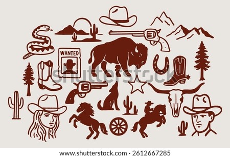 Western Cowboy Vector Illustration Set – Hand-Drawn Vintage Wild West Icons Including Cowgirl, Guns, Cactus, Bison, Horses, and Desert Elements