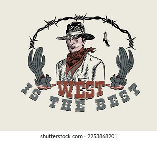 western cowboy vintage print design, cowboy vector illustration, cowboy in cactus desert vector, cowboy in hat drawing