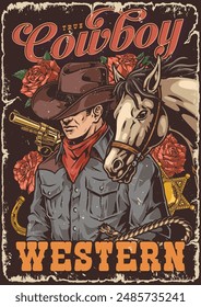 Western cowboy vintage sticker colorful with armed rider from wild west with golden revolver and scarlet roses vector illustration