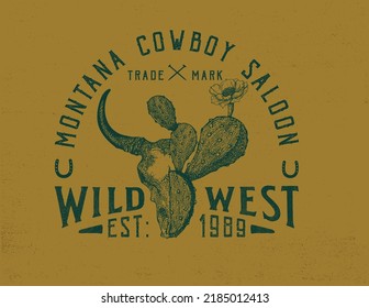 westliche Cowboy-Vintage-Typografie-Design mit Bull-Schädel und Kaktus-Illustration