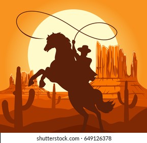 Western cowboys silhouette vector illustration. Wild west america scene with cartoon cowboy on horse in desert with mountains