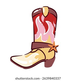 Western cowgirl boot in cream and red with pink flame pattern and star detail on the strap. Vector illustration bold cartoon style for prints, stickers, for kids apparel. 