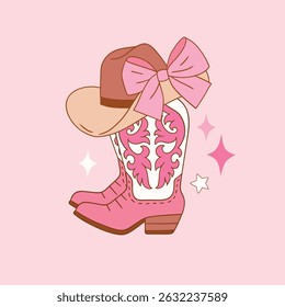 Western cowgirl boots and hat with bow. Hand drawn vector girly rodeo clipart. Perfect for sticker, tee shirt logo, greeting card, poster or nursery print design. EPS 10 vector file.