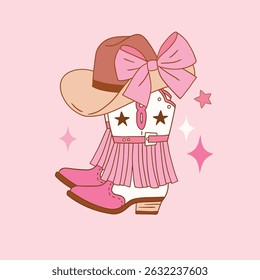 Western cowgirl boots and hat with bow. Hand drawn vector girly rodeo clipart. Perfect for sticker, tee shirt logo, greeting card, poster or nursery print design. EPS 10 vector file.