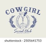 western cowgirl cocktail club vector design, cowgirl social club logo type artwork, cowgirl t shirt design, American social club graphic print