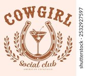 western cowgirl cocktail club vector design, cowgirl social club logo type artwork, cowgirl t shirt design, American social club graphic print. cowgirls illustration wild design rodeo badge horse 