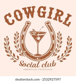 western cowgirl cocktail club vector design, cowgirl social club logo type artwork, cowgirl t shirt design, American social club graphic print. cowgirls illustration wild design rodeo badge horse 