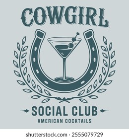 western cowgirl cocktail club vector design, cowgirl social club logo type artwork, cowgirl t shirt design, American social club graphic print, cowgirl t shirt design, American social club graphic 