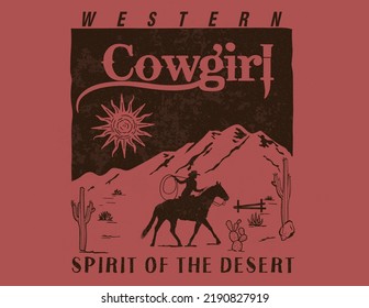 western cowgirl in desert with typography design vector