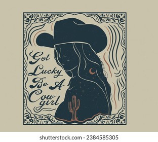 diseño de impresión gráfica de cowgirl occidental, arte de tipografía floral vintage, diseño de impresión rural para camiseta, pegatina, afiche, bordado