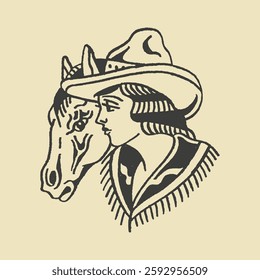 Western cowgirl with a hat embracing her horse, vintage hand-drawn black-and-white illustration. Perfect for rodeo, country life, and wild west themes.