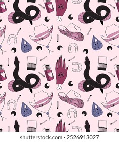 Western cowgirl hats, snake and matchbox seamless pattern.