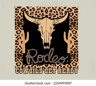 diseño de impresión de cowgirl occidental, impresión leopardo con diseño vectorial de cráneo de vaca, diseño de tipografía de muchacha rodeo, diseño vintage de chica de campo