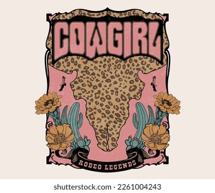 diseño de impresión de cowgirl occidental, tee gráfico retro vintage para mujeres, cráneo de vaca con vector de flores, arte vintage con tipografía