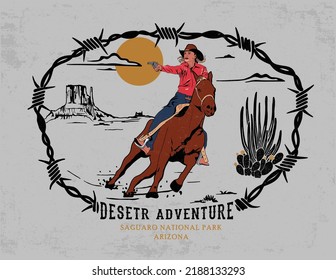 western cowgirl riding horse with arizona desert illustrating 