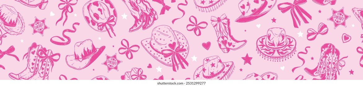 Western cowgirl seamless pattern, vector bachelorette party Texas texture, cowboy girly hat, boots. Traditional American wild west party background, pink doodle coquettish print. Cowgirl pattern