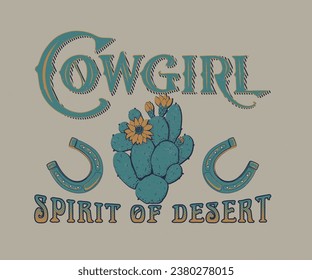 Western Cowgirl Typografie Design mit Kaktus Vektorgrafik, Kaktus Wüstengrafik Druck, Kaktus mit Blumenvektor, Retro Vintage Western Design für T-Shirt, Aufkleber, Plakat 