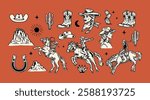 Western cowgirl vector set with rodeo riders, cowboy hats, cowboy boots, cacti, horses, and desert scenery. Perfect for vintage western designs, apparel, and branding.

