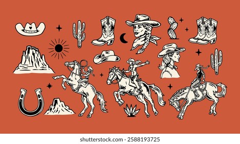 Western cowgirl vector set with rodeo riders, cowboy hats, cowboy boots, cacti, horses, and desert scenery. Perfect for vintage western designs, apparel, and branding.

