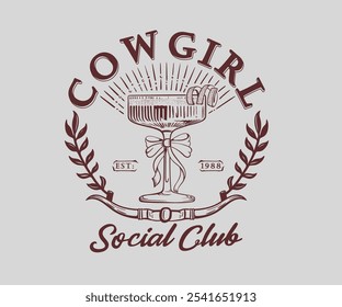 Diseño vintage de la vaquera occidental, arte del club social de la vaquera para la camiseta, cartel, bordado, impresión de la pantalla, vidrio de cóctel con la Ilustración vectorial de la cinta