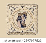 western cowgirl vintage print design, bandana pattern design, country girl in hat vector art, western desert design for t shirt, sticker, poster, graphic print, vintage floral design, aztech artwork
