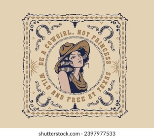 western cowgirl vintage print design, bandana pattern design, country girl in hat vector art, western desert design for t shirt, sticker, poster, graphic print, vintage floral design, aztech artwork svg