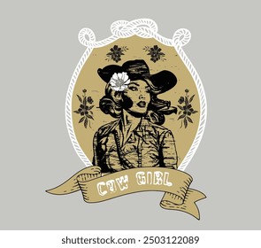 Diseño de impresión vintage de vaquera occidental, diseño de patrón de bandana, chica de campo en Arte vectorial de sombrero, diseño del desierto occidental para camiseta, pegatina, póster, impresión gráfica, diseño floral vintage, obras de arte de Aztech