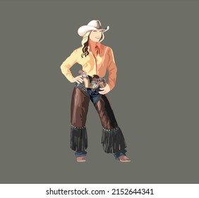 Western Cowgirl wearing in traditional cowboy clothes with hat, cowboy boots and revolvers. Beautiful young blond western girl. Wild west trendy hand drawn vector illustration.