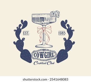 western cowgirls cocktail club vector design, cowgirl vintage typography, cocktail glass with ribbon vector art, retro country club artwork for t shirt, poster, graphic print