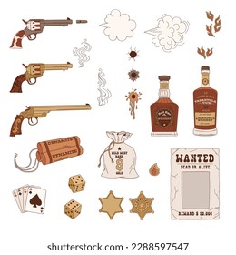 Westliche kriminelle Salons sind Objekte. Gun, Kugel, Dynamit, Whisky, Glücksspiel, Banküberfall, gesuchtes Papier, Polizist Kumpel. Vektorgrafik einzeln auf Weiß.