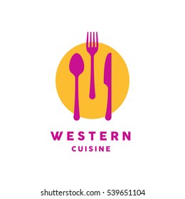 Western cuisine logo with knife, fork and spoon cutlery icon. Vector illustration.