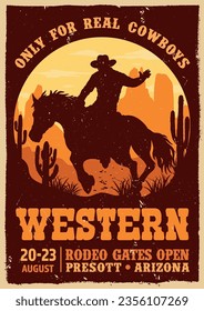 Afiche vintage de la cultura occidental colorido con vaquero sentado en caballo y cactus del desierto para anunciar festivales de rodeo ilustraciones vectoriales