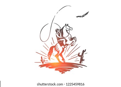 Western day, wild, cowboy, Texas, horseman concept. Hand drawn horseman in wild desert concept sketch. Isolated vector illustration.