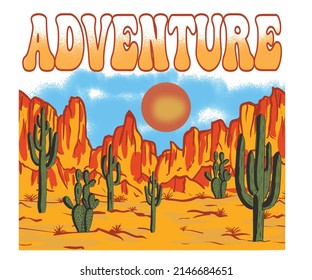 Western desert adventure vintage print design for t shirt, poster, sticker and others.