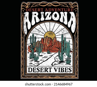 Diseño de estampado vintage de aventura del desierto occidental para camisetas, afiches, pegatinas y otros. Arizona vibra el diseño artístico.