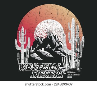 Western desert, Arizona desert black and white vector t-shirt design. Feel the sunset artwork for poster, background and sticker.